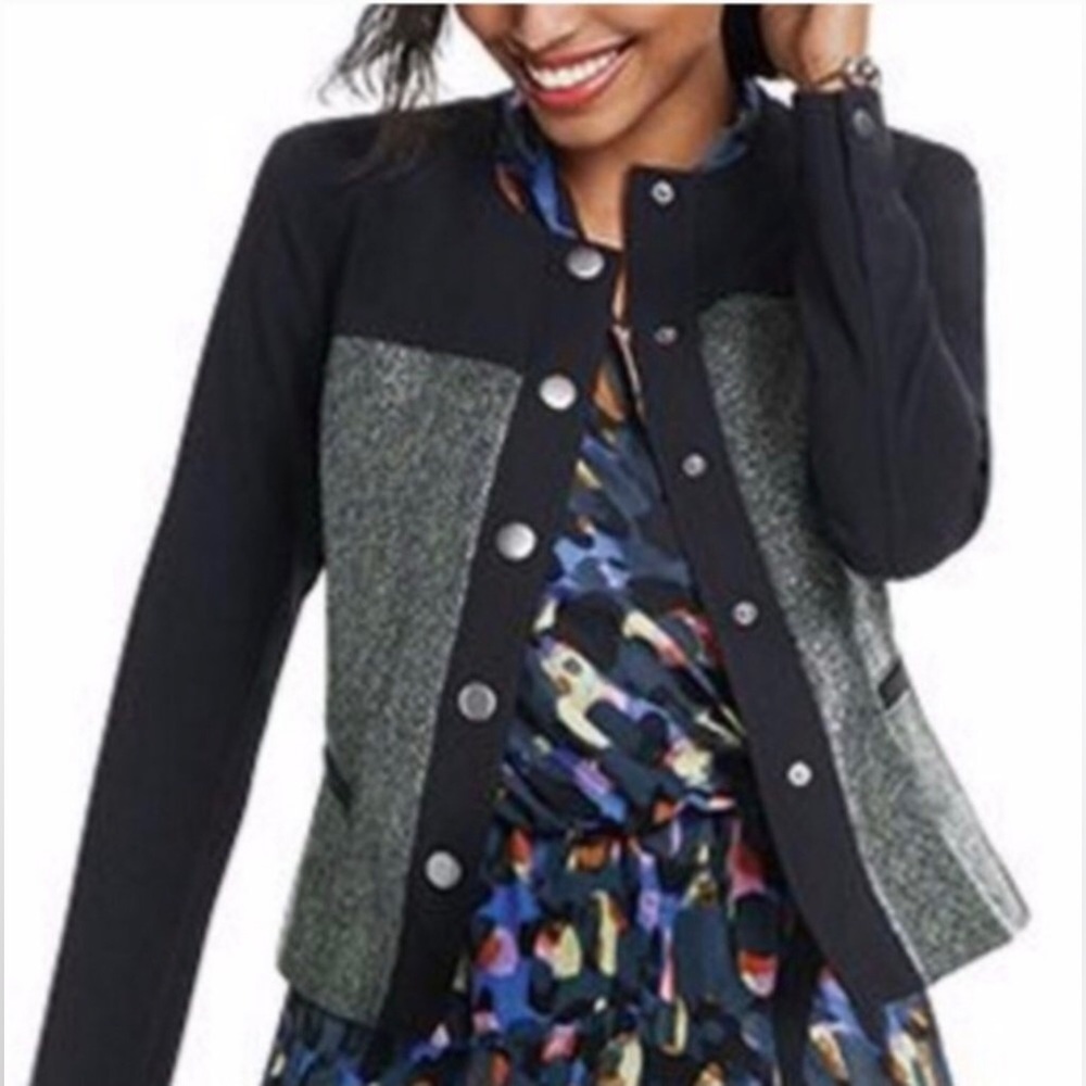 CAbi Mixed Media Jacket. Size S. Black with green tinted tweed detail